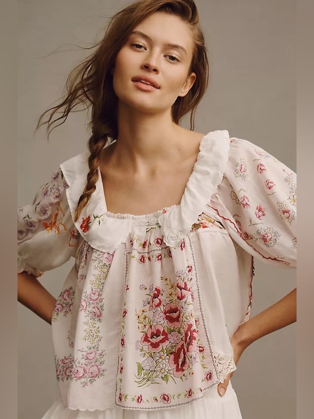 By Anthropologie White Floral Collared Puff Sleeve Whimsy Cottagecore Top